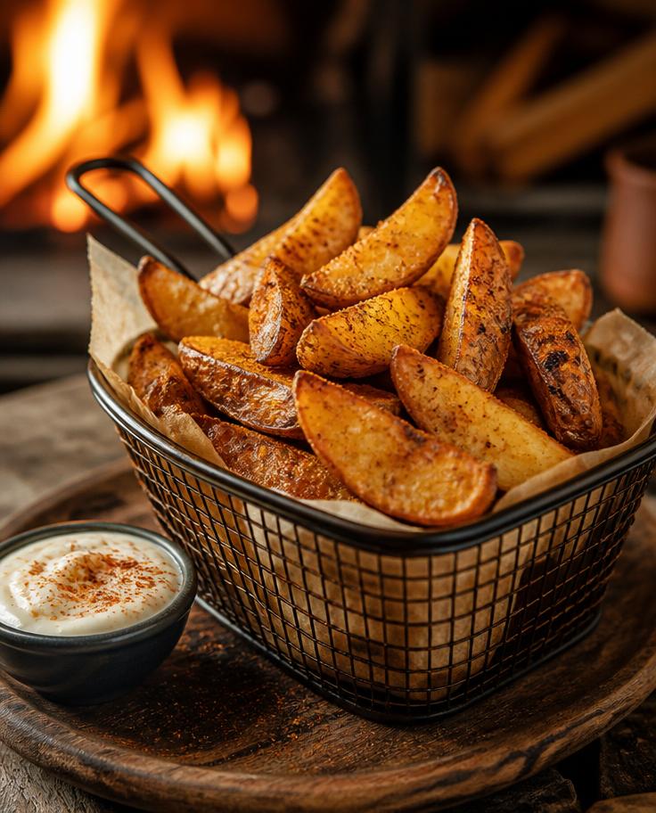 Crisp potato wedges dusted with smoky masala beside garlic sauce.