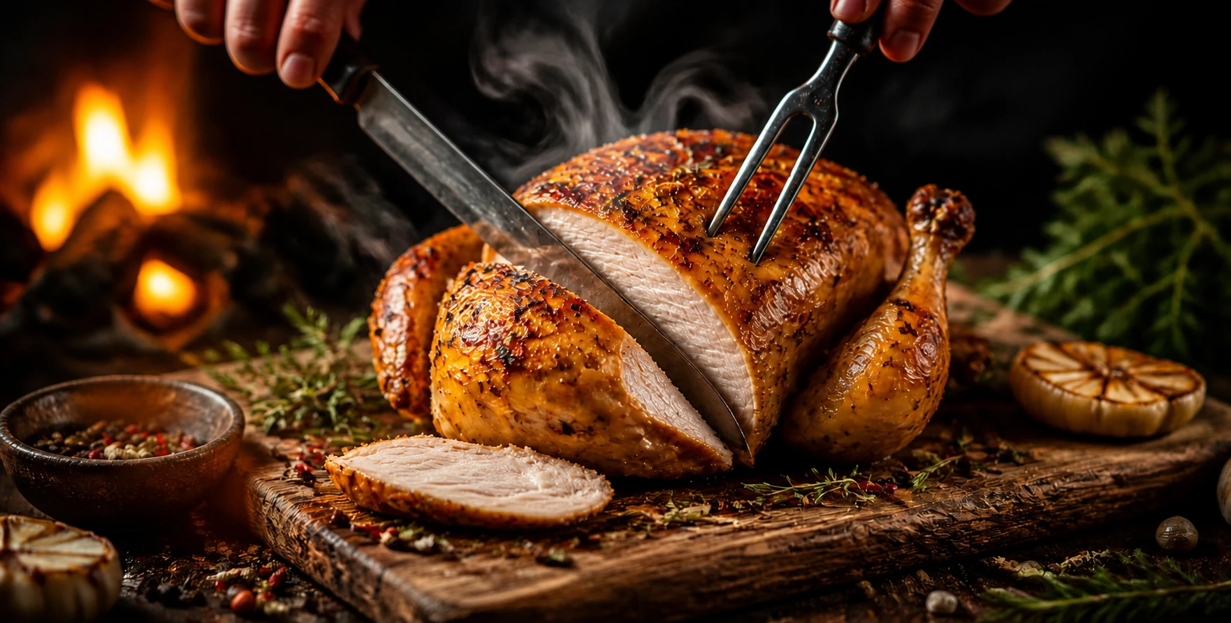 Golden masala shawaya with a moist, fibrous chicken breast being carved beside a live fire.