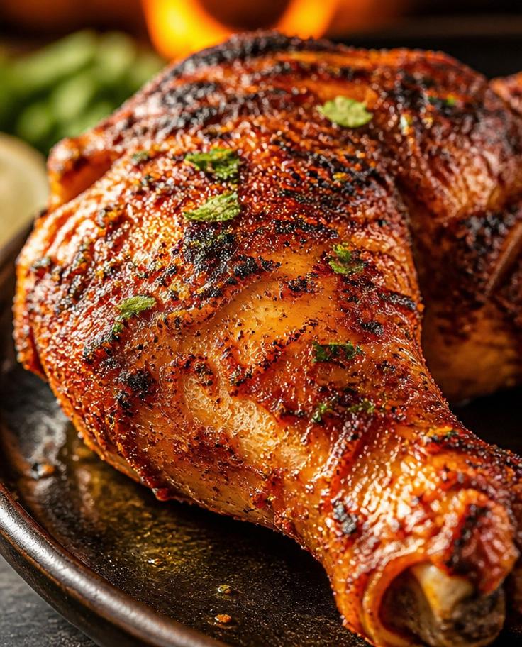 Deeply charred masala chicken quarter fresh from the grill.