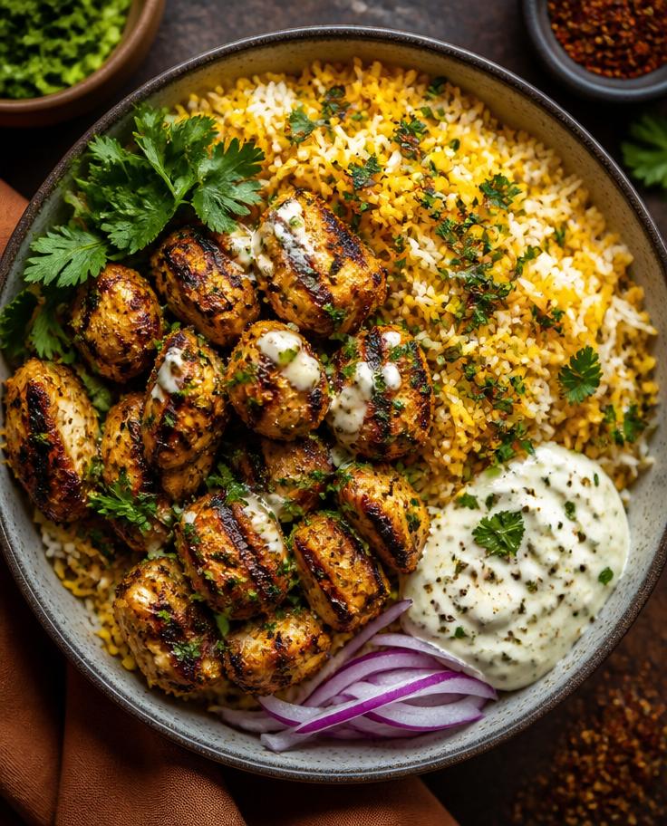 Grilled chicken, fragrant rice, onions, herbs, and garlic sauce in a generous platter.