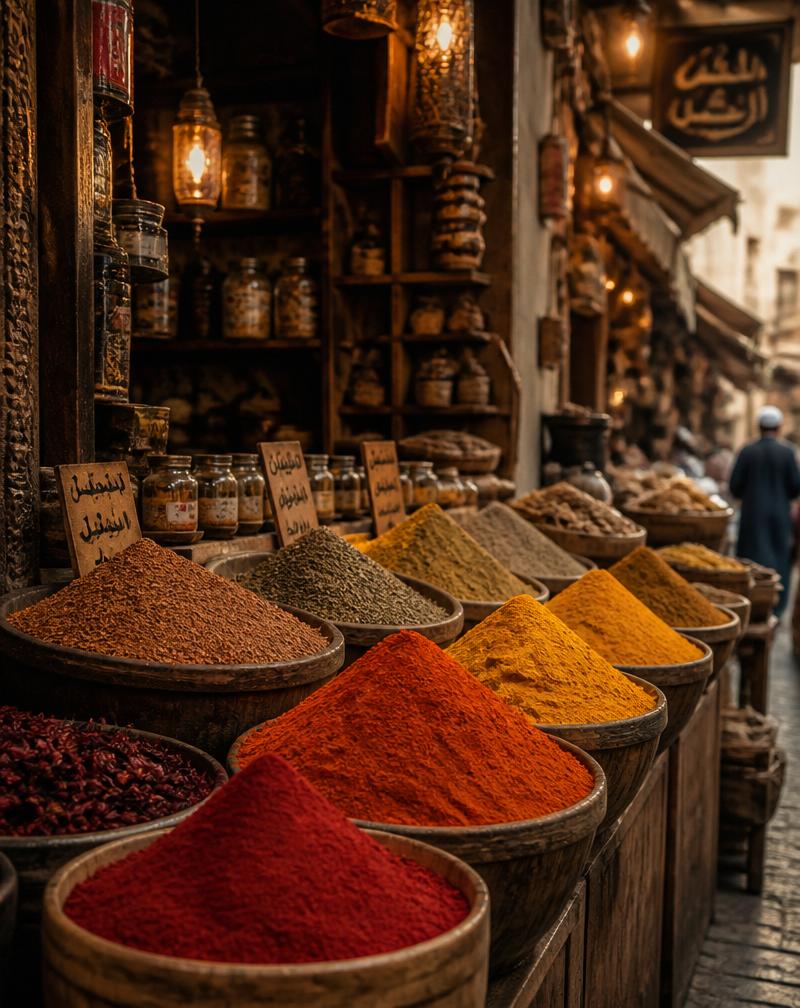 Mounds of vivid masala spices in a warmly lit market stall.